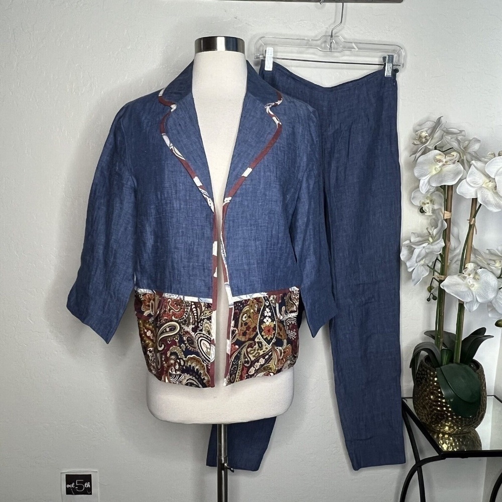 Vintage Silk Club Collection Open 100% Linen Jacket pants set 4